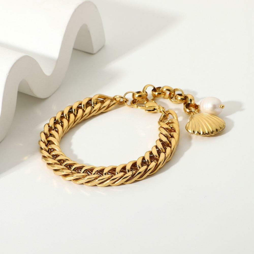 珍珠貝殼不銹鋼寶藏金色粗手鍊 Seashell Gold Bracelet