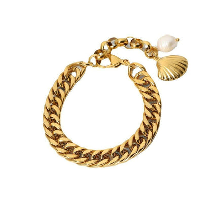 珍珠貝殼不銹鋼寶藏金色粗手鍊 Seashell Gold Bracelet